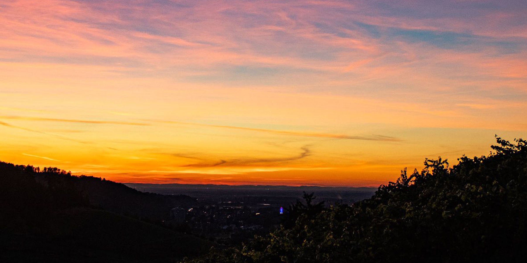 Abendrot über den Reben mit Wegkreuz und Blick in die Rheinebene