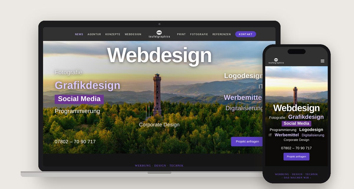 Die neue Website von teufelgraphics auf Laptop und Smartphone