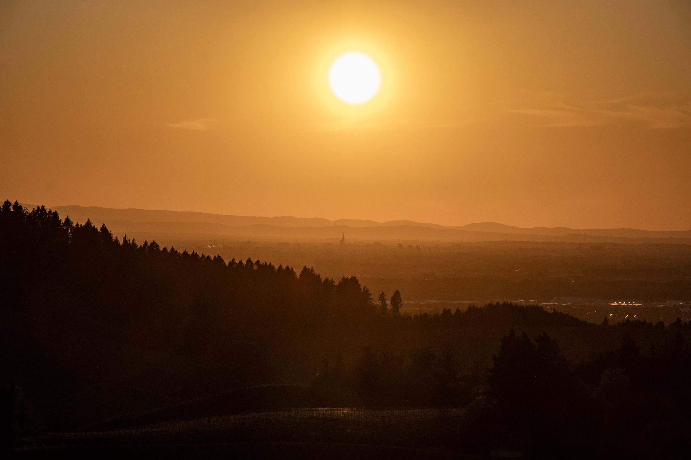 Sonnenuntergang über der Rheinebene, vom Schwarzwald aus gesehen